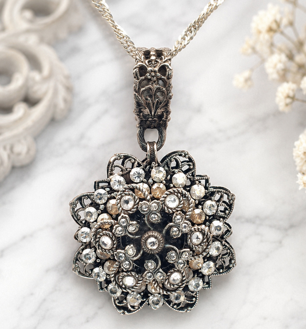 Vintage Sweet Romance USA Rhinestone Filigree Medallion Necklace Victorian Goth
